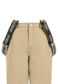 Beige waterdichte broek met verstelbare zwarte bretels met het "PROTEST"-logo. Gladde textuur met een sluiting met knoop aan de voorkant en zijzakken.