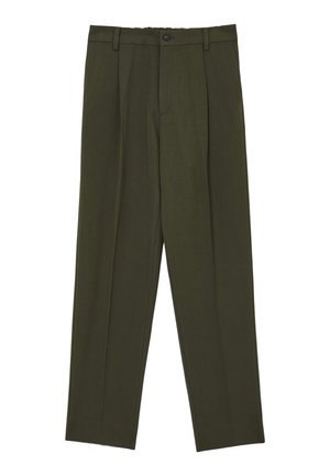 Olivgrüne, plissierte Hose aus glattem Stoff mit Reißverschluss und einem Knopfverschluss, ausgestattet mit schrägen Seitentaschen.