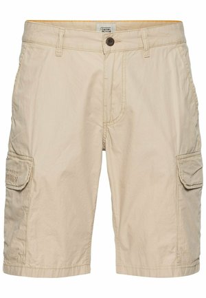 Beige cargo shorts made of lightweight fabric, featuring two side pockets, a front button closure, and subtle stitched detailing.