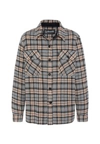 Camisa de franela a cuadros en gris, negro y rosa claro, con dos bolsillos en el pecho, cierre de botones y cuello puntiagudo.