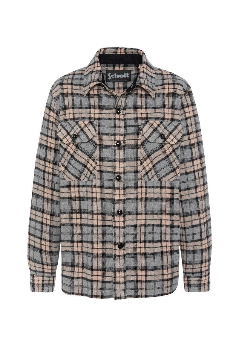 Camisa de franela a cuadros en gris, negro y rosa claro, con dos bolsillos en el pecho, cierre de botones y cuello puntiagudo.