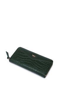 Dark green zippered wallet featuring a textured crocodile pattern, smooth accents, and a rose-gold logo detail on the front.