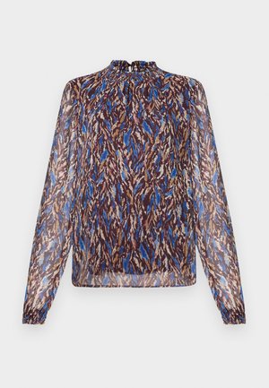 Long-sleeve, high-neck blouse with abstract blue, brown, and beige pattern on sheer fabric, gathered neckline and cuffs.
