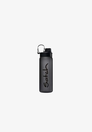Black matte water bottle with a wide cylindrical shape, a screw-on black lid, and a loop handle. Features bold "Satch" logo.
