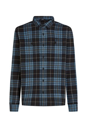 Zwart-blauwe flanellen shirt met een geruit patroon, lange mouwen, knopen voorkant en twee borstzakken. Gemaakt van zachte stof.