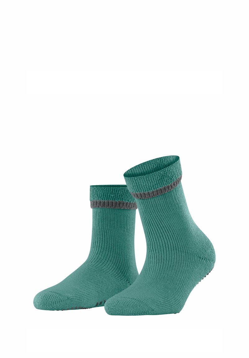 Calze verdi lavorate a maglia con una texture a coste, con un gambale grigio a contrasto. Il design è alla caviglia e presenta dettagli antiscivolo sulla suola.