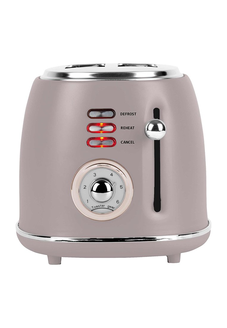Mauve Toaster mit zwei Schlitzen und Chromakzenten, Aufwärm- und Abbruchlichter eingeschaltet, Regler auf 4 eingestellt, und Hebel auf der rechten Seite.