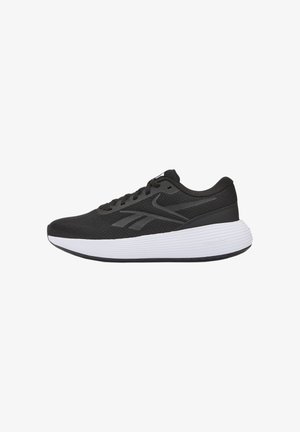 Zapatilla de running de malla negra con suela acolchada blanca y un logo oscuro sutil en el lateral, mostrada de perfil.