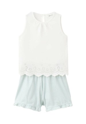 Sleeveless white top with eyelet embroidery hem paired with light blue and white vertical striped shorts with ruffled edges.