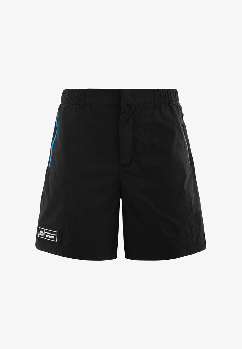 Schwarze Badeshorts aus leichtem Material, mit einem Gummizug am Bund, seitlichen Reißverschlusstaschen und einem Logo-Patch auf der unteren linken Seite.