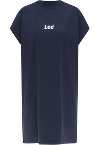 Robe T-shirt oversize bleu marine avec manches courtes et logo blanc "Lee" centré sur la poitrine.