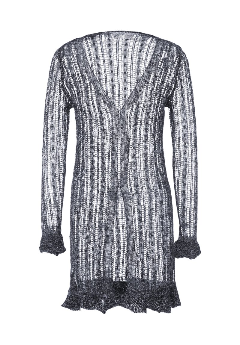 Cardigan lungo, aperto davanti, realizzato in un tessuto a maglia trasparente con righe verticali e orlo a scallop. Il colore è grigio scuro con trame irregolari.