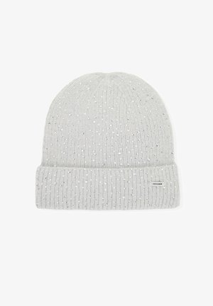 Gorro de punto gris con textura acanalada, adornado con lentejuelas plateadas por todo el gorro y un puño doblado. Etiqueta de la marca colocada en el lateral.