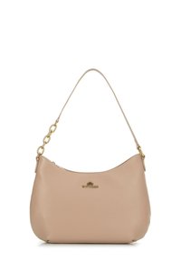 Borsa a spalla in pelle beige con finitura testurizzata, forma curvata, dettagli in oro e chiusura con zip. Marchio sulla parte anteriore.