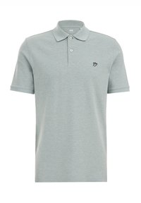 Polo majica v svetlo zeleni barvi, izdelana iz teksturirane tkanine. Ima klasičen ovratnik, dva gumbka in majhen vezen logotip na prsih.
