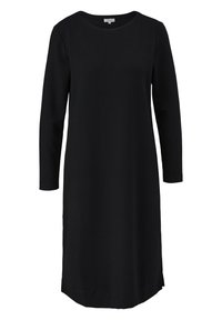 Schwarzes Langarmkleid aus strukturiertem Stoff, mit rundem Halsausschnitt und leicht geschwungener Säume, die seitliche Schlitze für Bewegungsfreiheit bieten.