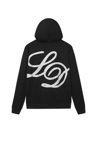 Zwarte hoodie met een groot wit gestileerd logo op de achterkant. Gemaakt van zachte stof, met een capuchon met trekkoord en geribde manchetten.