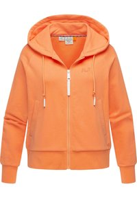 Oranžová mikina na zips s kapucňou na šnúrku, rebrovanými manžetami a spodným lemom, a vyšívaným logom. Vyrobená z mäkkej tkaniny s hladkým povrchom.