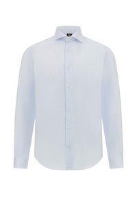 Camicia da uomo a maniche lunghe di colore azzurro chiaro con un sottile motivo a quadri, colletto classico e bottoni bianchi lungo la parte anteriore. Tessuto morbido.