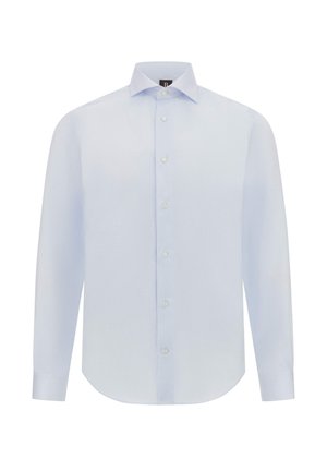 Camicia da uomo a maniche lunghe di colore azzurro chiaro con un sottile motivo a quadri, colletto classico e bottoni bianchi lungo la parte anteriore. Tessuto morbido.
