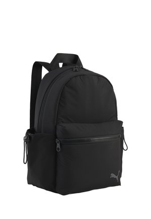 Schwarzer gepolsterter Rucksack mit Frontreißverschlusstasche, Seitentaschen mit Zugbändern und gepolsterten Schultergurten, mit kleinem Puma-Logo.