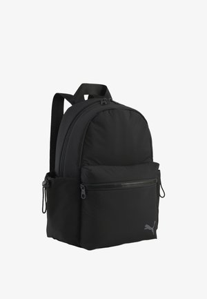 Zaino imbottito nero con tasca frontale con cerniera, tasche laterali con cordoncini e spallacci imbottiti, con piccolo logo Puma.