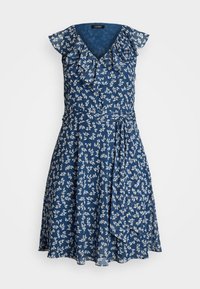 Blue floral dress with a V-neck and ruffled sleeves. Made of lightweight fabric, features a fitted bodice and flared skirt with a wrap detail.