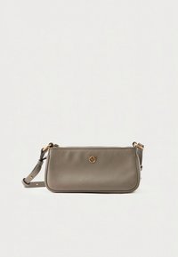 Gray faux leather crossbody bag with a gold emblem on the front, featuring a zip closure and an adjustable strap. Smooth texture.