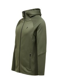 Giacca zip-up verde oliva con cappuccio, caratterizzata da una trama di tessuto liscia, un logo discreto sul petto e tasche laterali con zip.