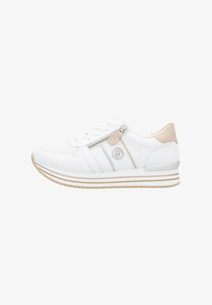 White athletic sneaker with a textured upper, a side zipper detail, and beige accents. Features a striped rubber sole and logo emblem.