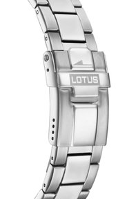 Bracelet de montre en acier inoxydable avec une finition polie, doté d'un fermoir à rabat et de l'inscription gravée "LOTUS" sur le fermoir.