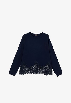 Marineblauer Pullover mit langen Ärmeln und Rundhalsausschnitt, verziert mit aufwendiger floraler Spitzenborte am Saum.
