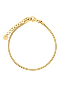 Bracelet en ton or avec un design de chaîne serpent flexible, comportant un fermoir mousqueton et une chaîne réglable avec un petit charme circulaire.