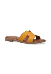 Gule lædersandaletter med udskæringsdesign, flad brun sål og en glat tekstur. Åben tå stil for nem påklædning.