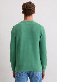 Grüner Strickpullover mit strukturierter Oberfläche, Rundhalsausschnitt und langen Ärmeln. Kombiniert mit hellblauen Jeans aus Denim.