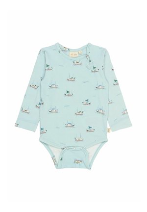 Hele sinine pikakäisteline beebivoodi, millel on laevade muster, valmistatud pehmest puuvillast, allosas nööbiga kinnitused ja ringikujuline kaelus.