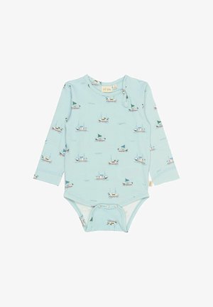 Svetlo modra dolgosleeve otroška bodi z vzorcem čolnov, izdelana iz mehkega bombaža, z gumbnimi zap closure na dnu in okroglim izrezom.