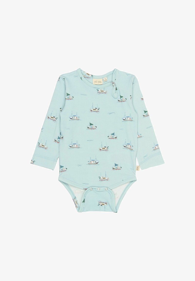 Bodysuit pour bébé à manches longues de couleur bleu clair avec un motif de bateau, fabriqué en coton doux, avec des boutons-pression en bas et un col rond.