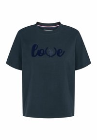 Temno modra bombažna majica s kratkimi rokavi, na kateri je beseda "ljubezen" napisana v temno modri barvi z lovorjevim vencem pod njo.
