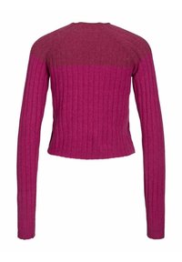 Pull court à manches longues avec une texture côtelée, présentant un dégradé bicolore allant du rose foncé en haut au rose vif en bas.