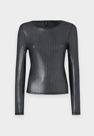 Bluza cu maneci lungi, ajustată, dintr-un material metalic gri închis, cu textură rigată vertical, guler rotund și manșete fără cusături.