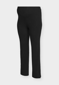 Schwarze, eng anliegende Hose mit glatter Textur, ausgestattet mit einem elastischen Bund und geraden Beinen. Einfaches Design ohne Muster oder Akzente.