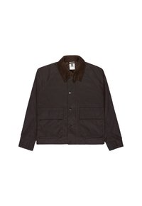 Veste marron en tissu texturé avec un col en velours côtelé marron, deux poches avant et une fermeture à boutons. Comprend des manches raglan.