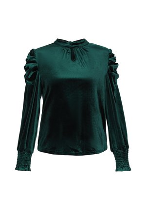 Zöld bársony felső hosszú ujjal, ráncolt részletekkel a vállaknál, magas nyakkivágással és kulcslyuk formájú kivágással, valamint ráncolt mandzsettákkal.