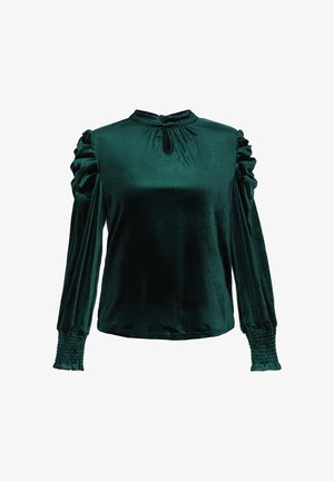 Zöld bársony felső hosszú ujjal, ráncolt részletekkel a vállaknál, magas nyakkivágással és kulcslyuk formájú kivágással, valamint ráncolt mandzsettákkal.