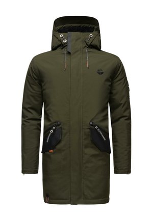 Olive green parka with a zippered front, drawstring hood, two black zippered side pockets, and a left sleeve logo patch.