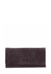 Portefeuille en daim gris foncé à texture lisse avec rabat pliant. Présente un logo subtil sur le devant. Forme rectangulaire pour une prise en main facile.