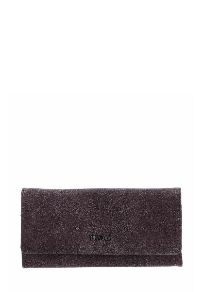 Portefeuille en daim gris foncé à texture lisse avec rabat pliant. Présente un logo subtil sur le devant. Forme rectangulaire pour une prise en main facile.