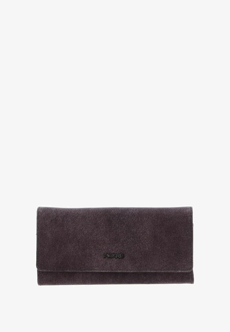 Portefeuille en daim gris foncé à texture lisse avec rabat pliant. Présente un logo subtil sur le devant. Forme rectangulaire pour une prise en main facile.