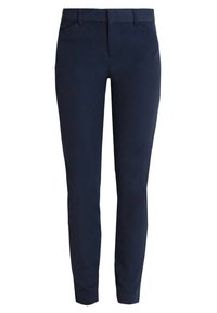 Navy blue trousers with a slim fit, featuring four pockets, a flat front, and a smooth fabric texture. Classic design for versatile wear.